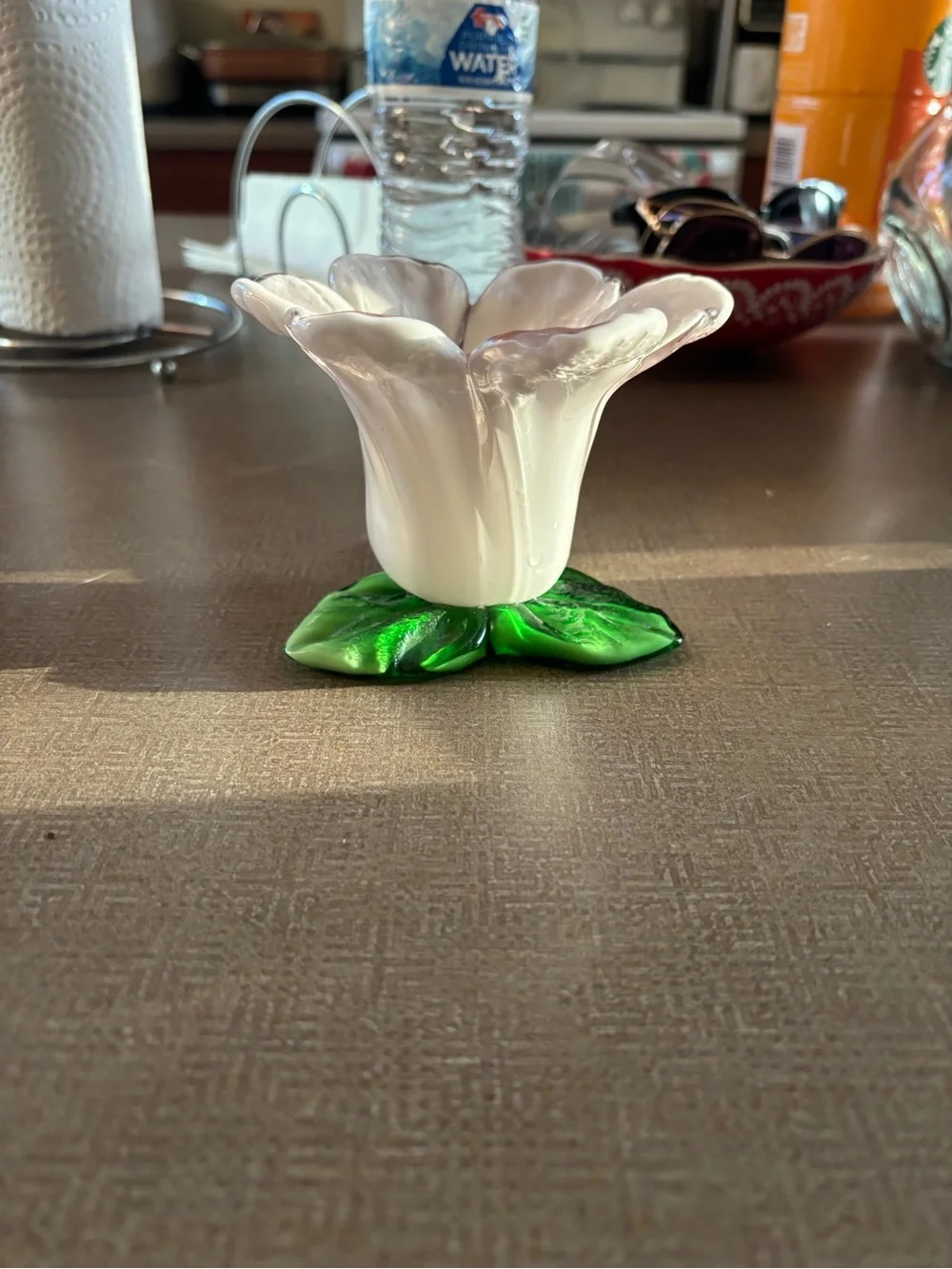 White Glass Flower Votive with Green Leaf Base - Home Accents